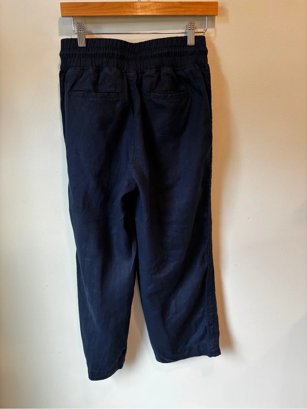 Quince Navy Wide-Leg Drawstring Linen-Blend Pants